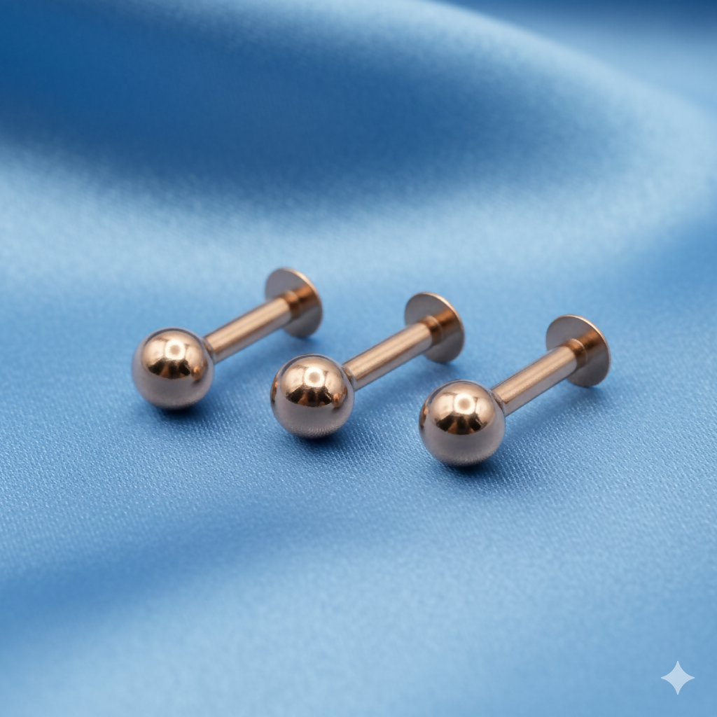Close-up of a rose gold labret stud earring highlighting polished ball end