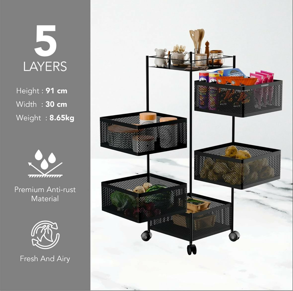 Square 5-Layer Stainless Steel Kitchen Trolley with Four Mesh Baskets & 360° Wheels