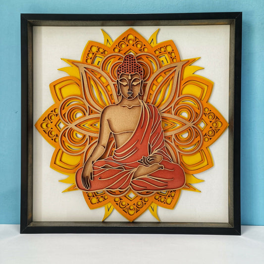 Handcrafted Wooden Buddha Wall Art – Multi-Layer 3D Wall Frame | Peaceful Mandala Design | Spiritual Home Decor Gift | Handmade Indian Artwork