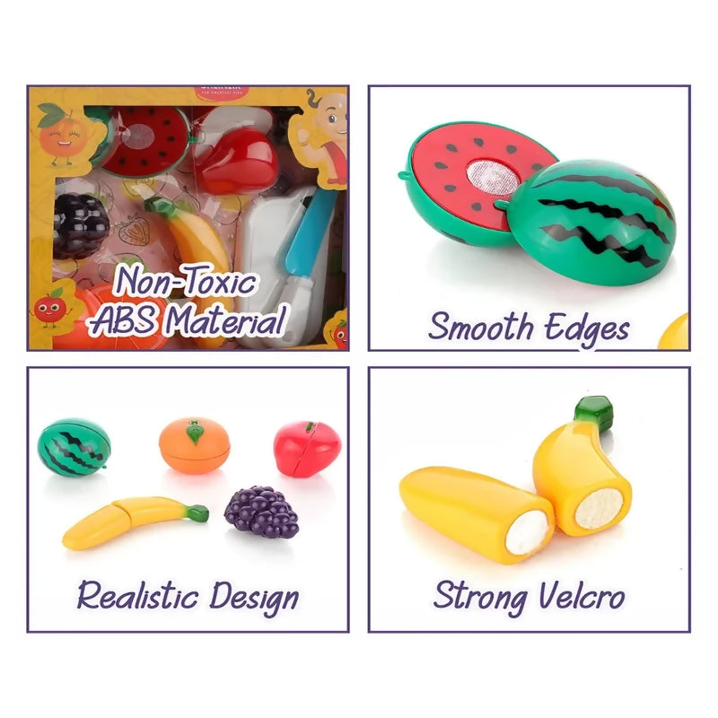 Four panels show the toy set: the box, a watermelon cut in half, the full set, and a banana split open.