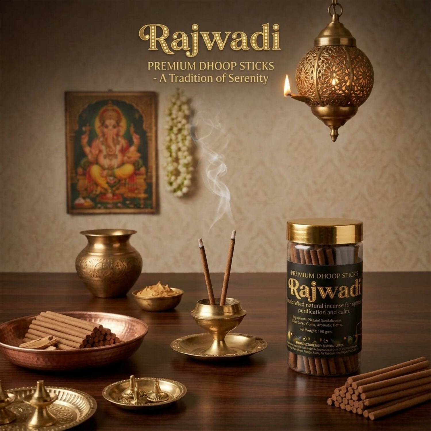 Rajwadi Premium Dhoop Sticks arranged for pooja use