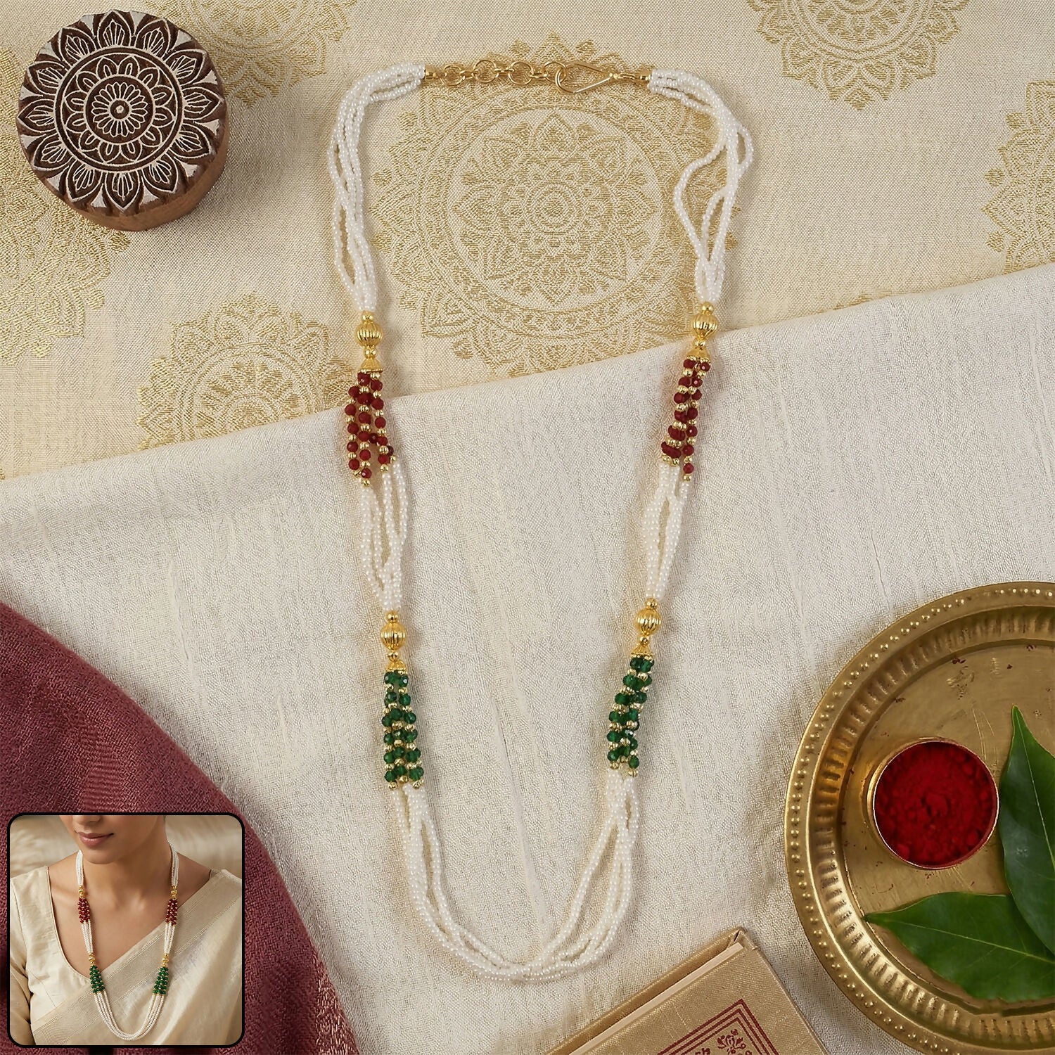 Elegant white beaded mala with red and green accents for women