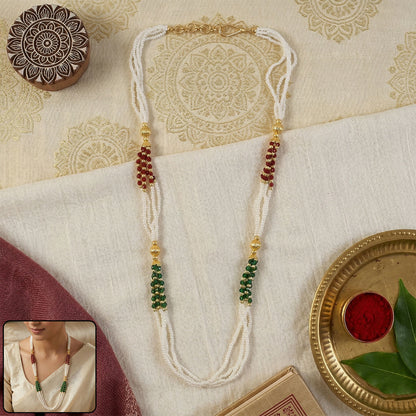 Elegant white beaded mala with red and green accents for women