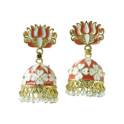 Artistic view: Peach Lotus Jhumka Earrings on white background