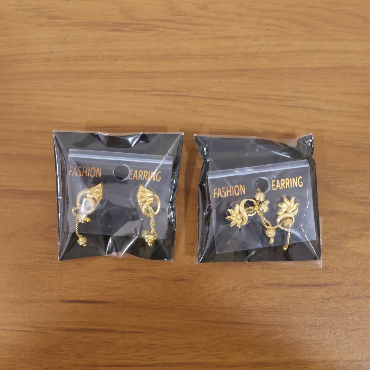 Graceful Flower Crown Gold Dangle Earrings with Bead Drops and Chains (2 Pair)