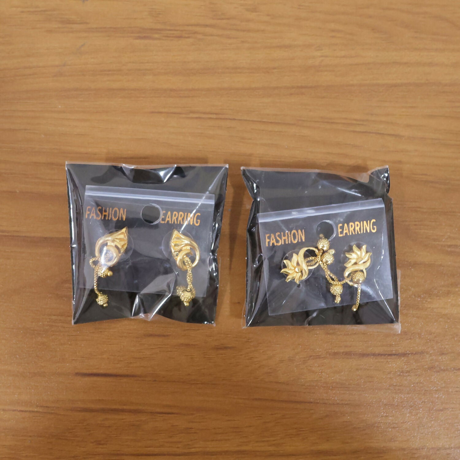 Graceful Flower Crown Gold Dangle Earrings with Bead Drops and Chains (2 Pair)