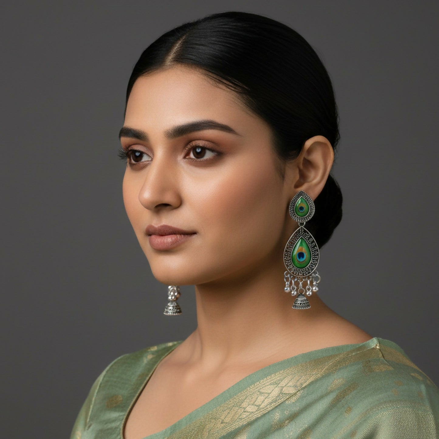 Peacock Feather Silver Look Drop Jhumka Earings