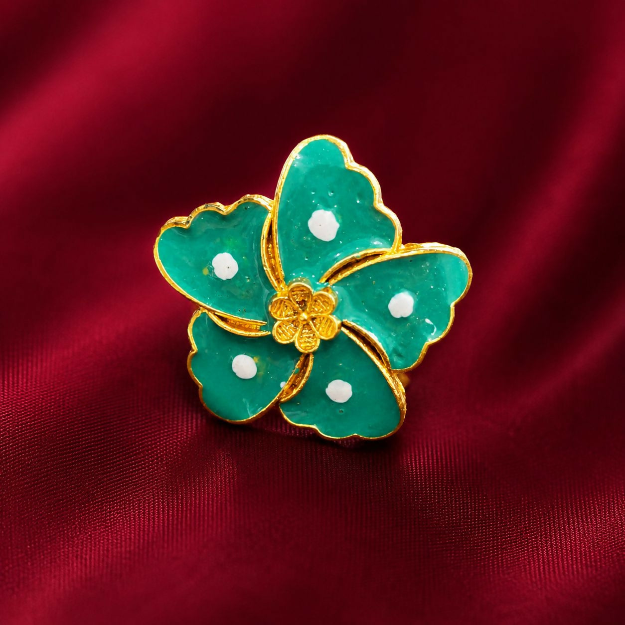 Elegant Teal Floral Statement Ring – Vintage Gold-Tone Design for Women