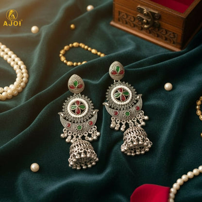 Multicolor Oxidized Silver Jhumka Earrings