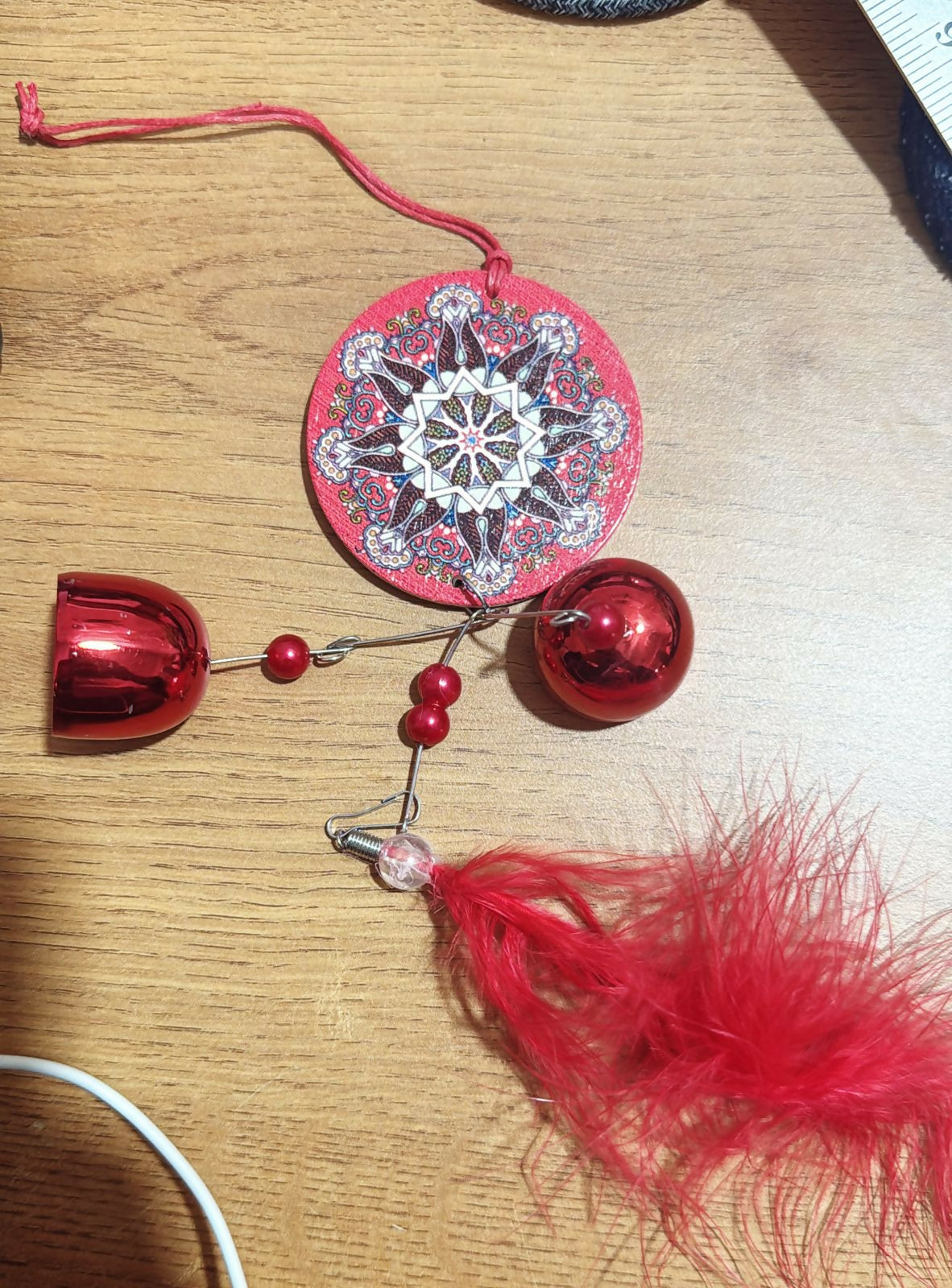 Handcrafted Red Metal Hanging Bell with Feather | Mandala Design Wind Chime for Home, Balcony, Car & Wall Décor | Positive Energy Decorative Hanging with Jingle Sound | Ideal Gift for Festive & Home Decoration