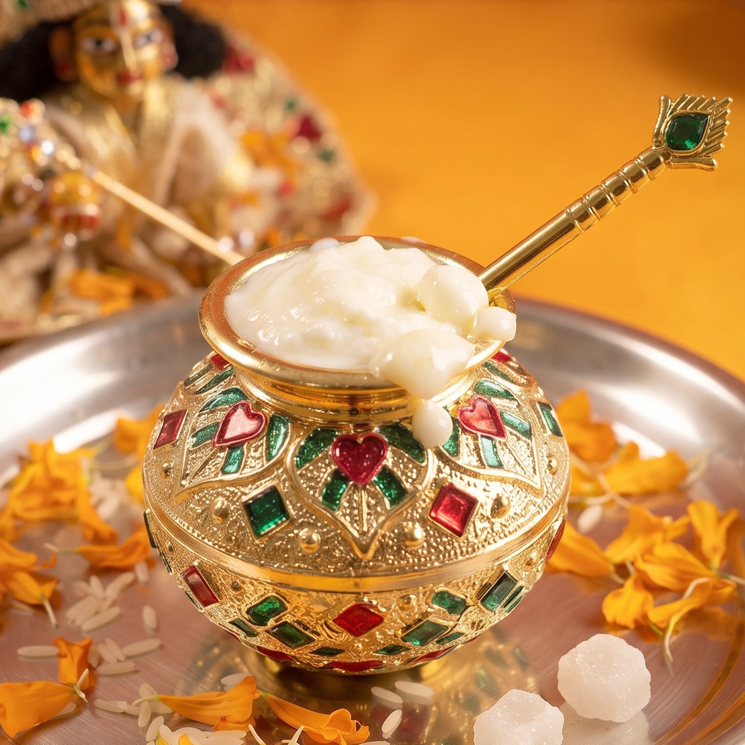Laddu Gopal Makhan Matki with Spoon Set Decorative Pooja Pot (2 Pc Set)