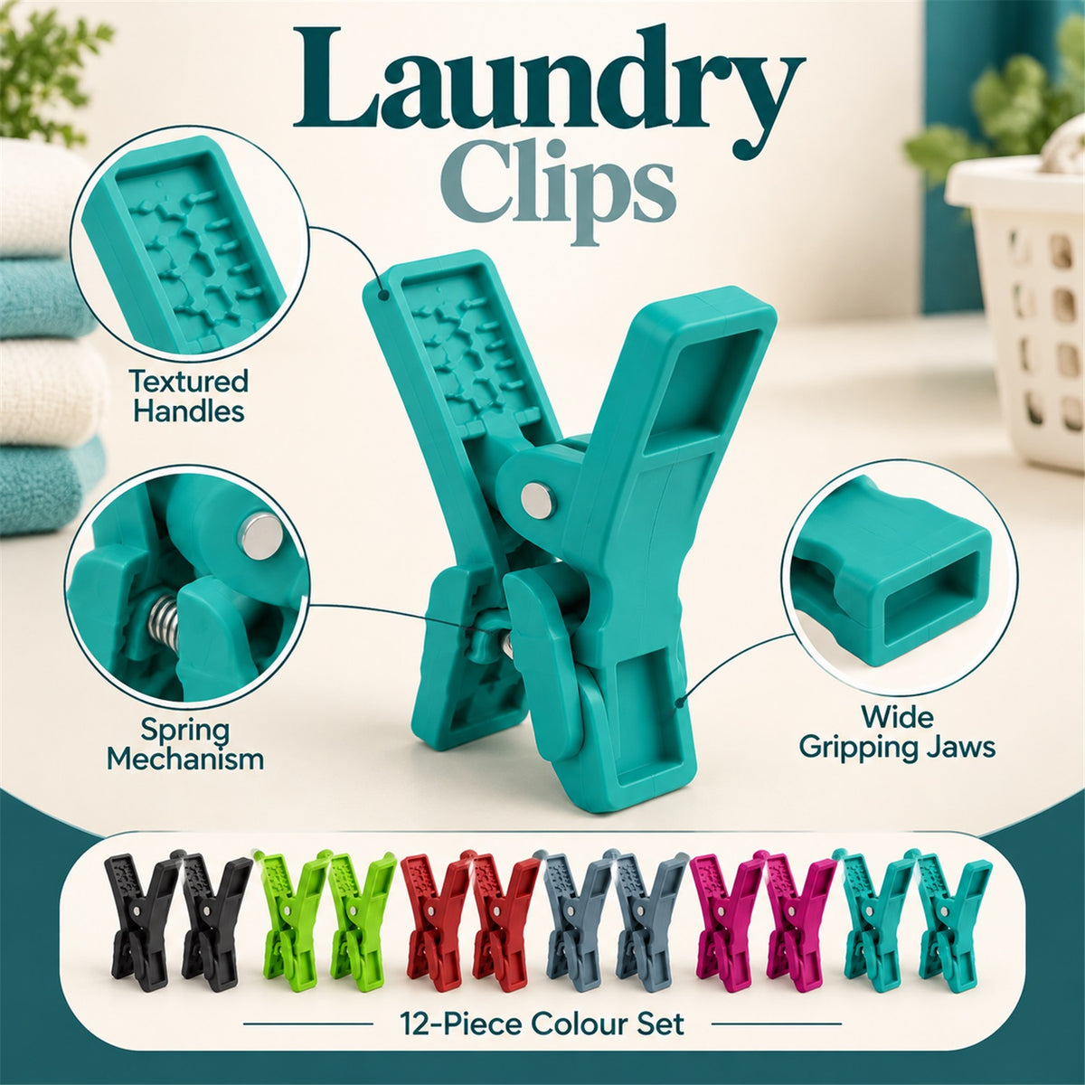 Plastic Clothes Drying Clips with Spring Grip for Everyday Laundry (12 Pc Set)