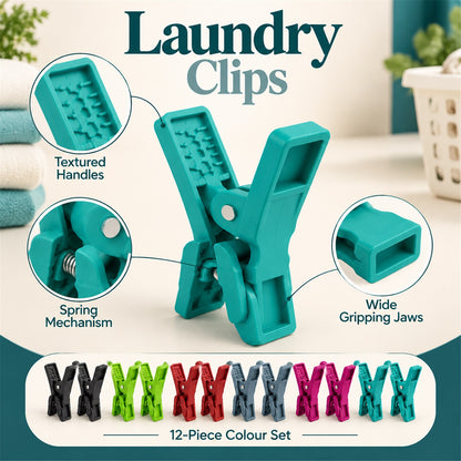 Plastic Clothes Drying Clips with Spring Grip for Everyday Laundry (12 Pc Set)