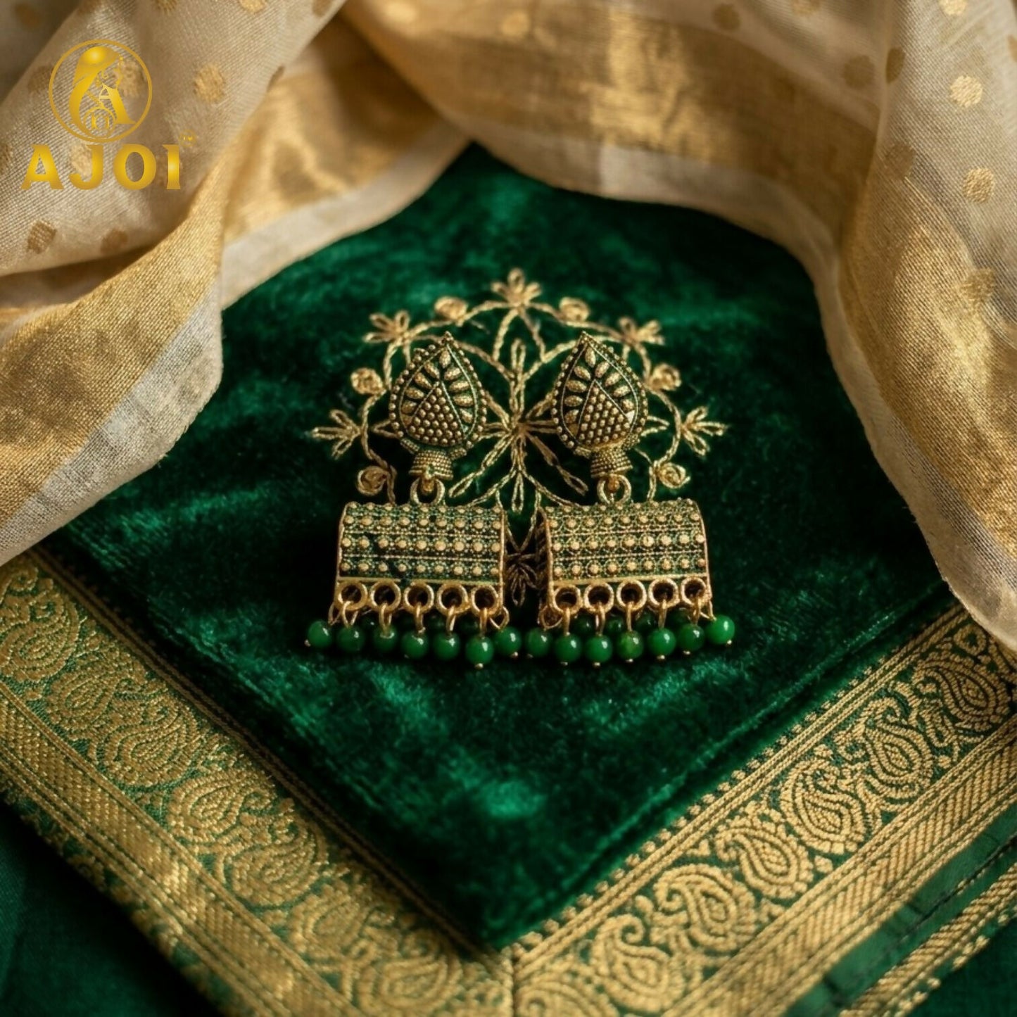 Antique Gold-Plated Leaf Design Jhumka Earrings with Green Bead Drops