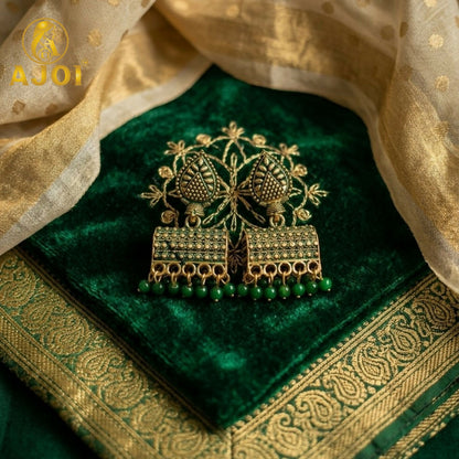 Antique Gold-Plated Leaf Design Jhumka Earrings with Green Bead Drops
