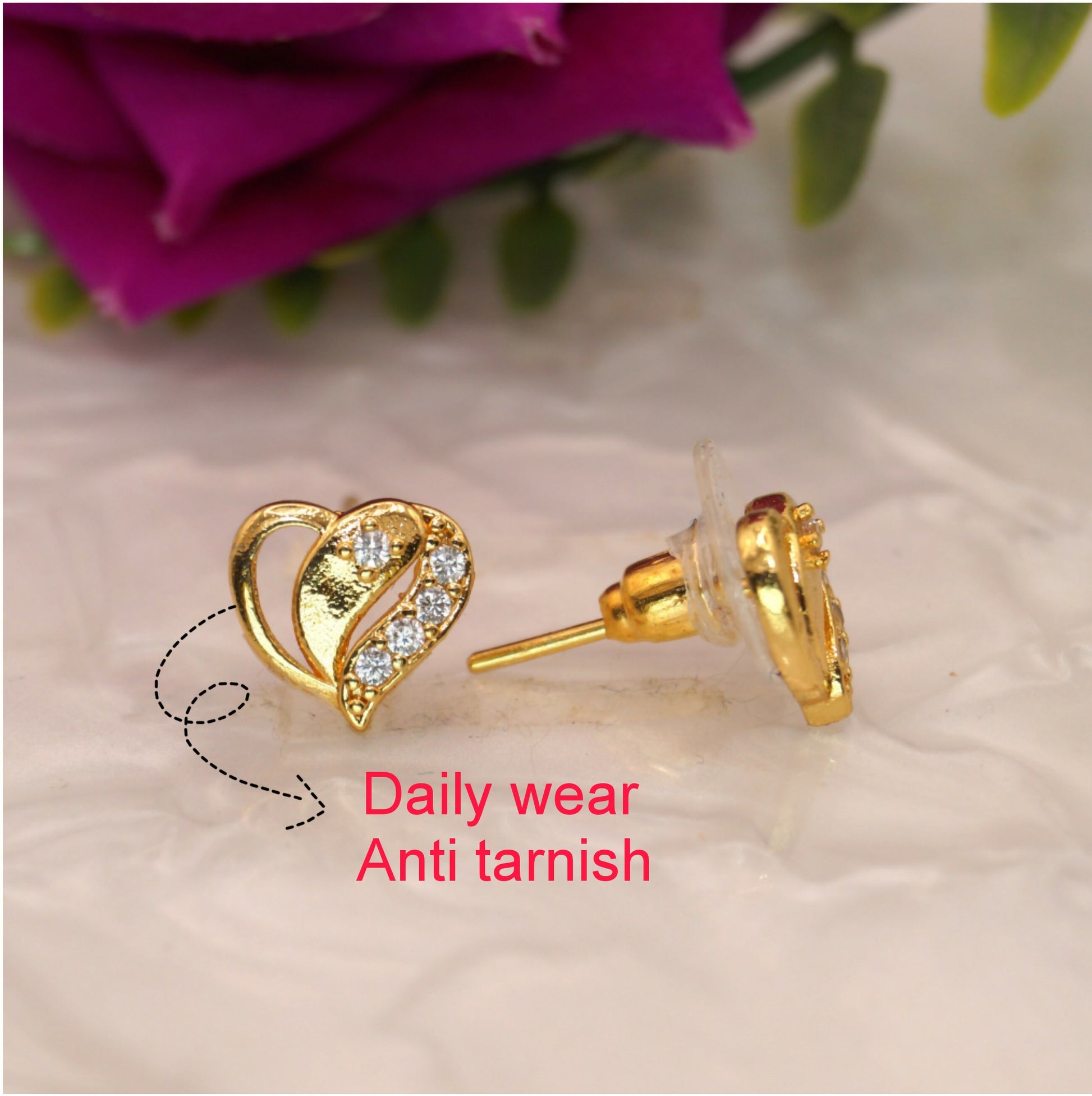 Dainty Gold Heart Stud Earrings with AD for women & girls