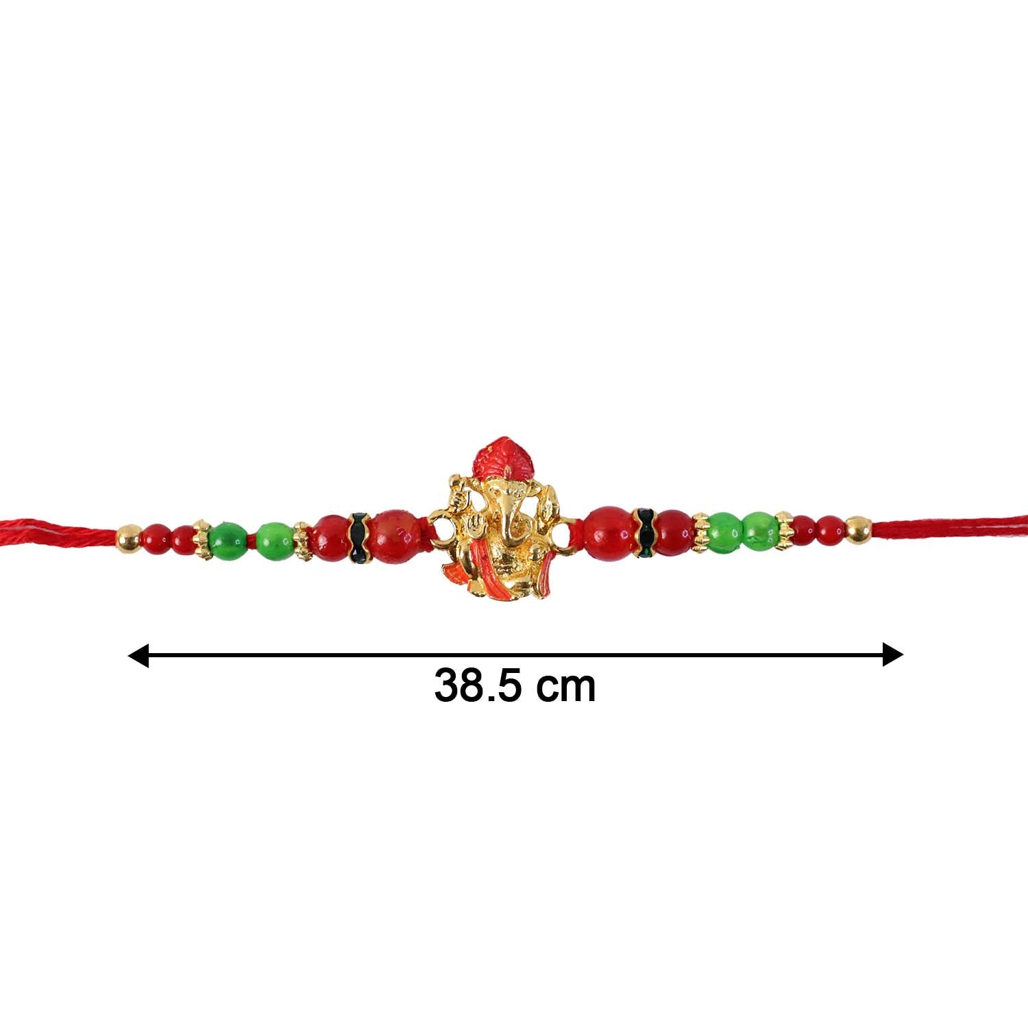 Festive golden Ganesha Rakhi displayed on white background