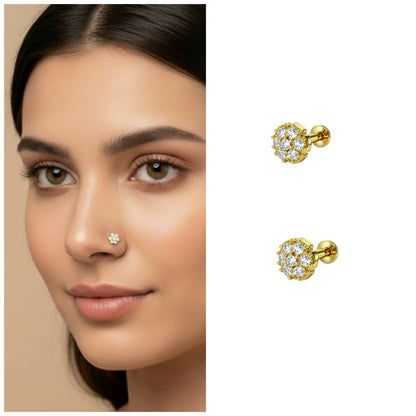 Gold plated floral nosepin stud showcasing crystal cluster design