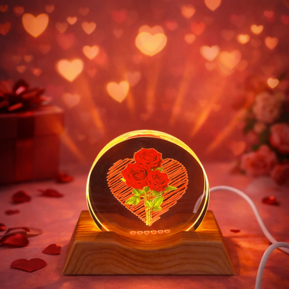 Rose Heart Acrylic LED Lamp with Wooden Base Romantic Gift Night Light