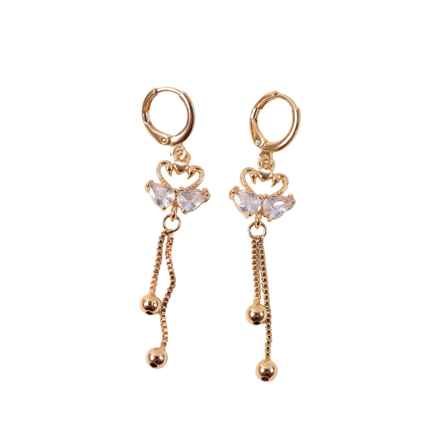 Stylish gold-tone swan dangle earrings with sparkling crystal wings and heart design