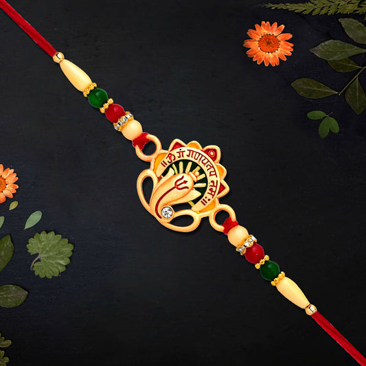 Close-up of traditional beadwork on Sacred Om Ganesha Rakhi