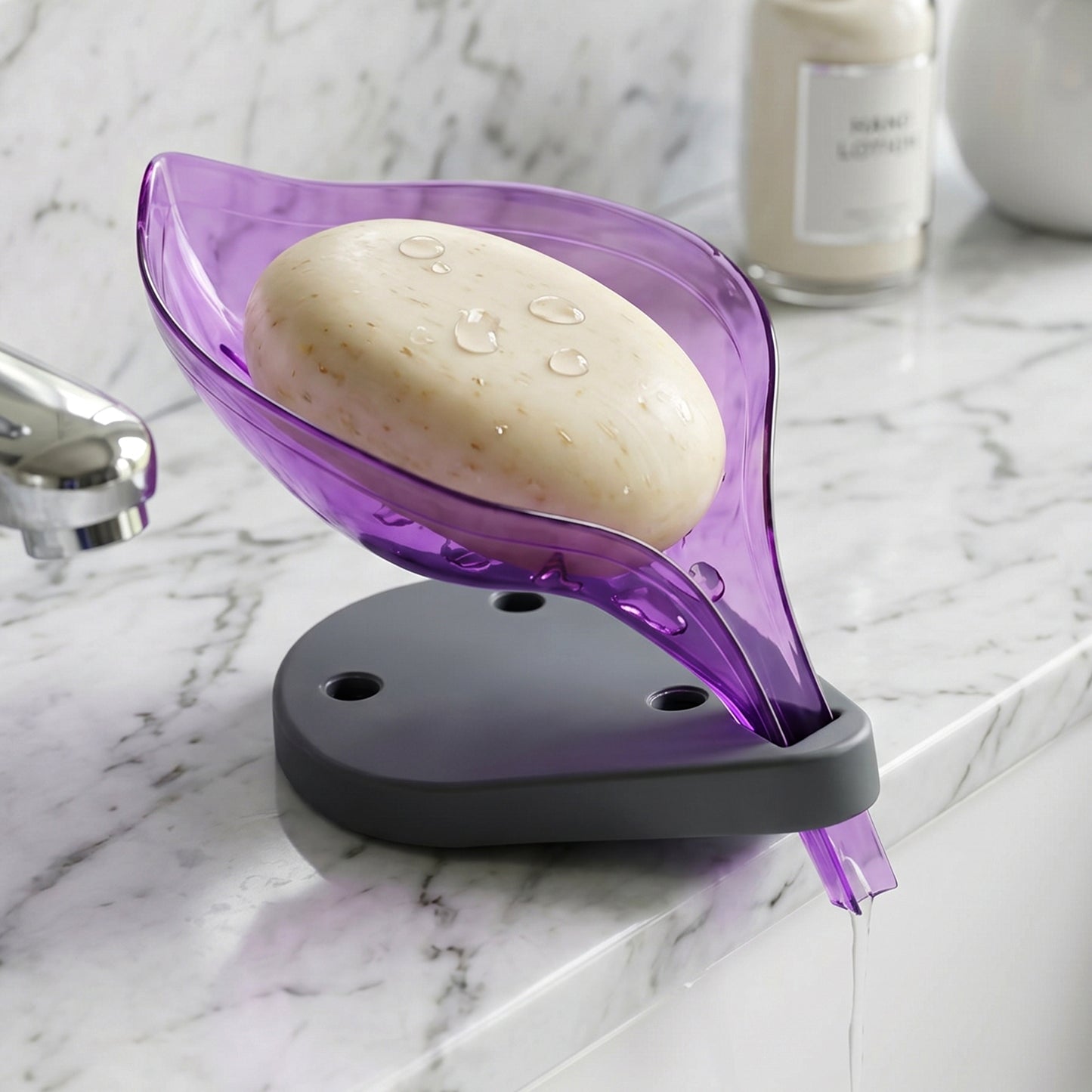 Angled view of leaf shaped soap tray holder showing drainage