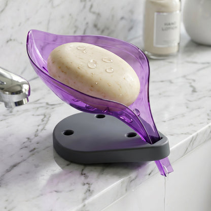 Angled view of leaf shaped soap tray holder showing drainage