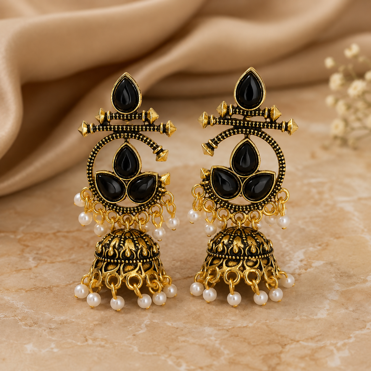 Traditional Gold Plated Jhumka Earrings for Women with Pearl Hanging Beads - Black