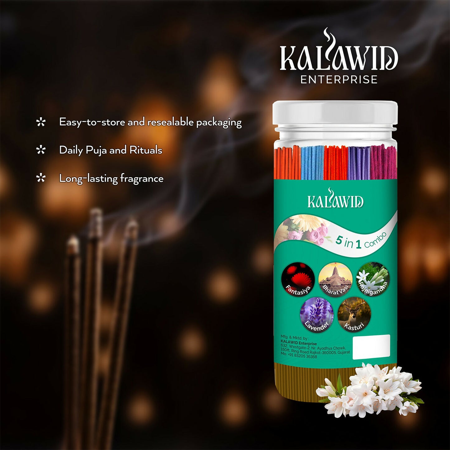 Premium Agarbatti 5 In 1 Combo with Fantasiya, Bharatvasi, Rajnigandha, Lavender, Kasturi Fragrances for Long Lasting Aroma (400 Gm)