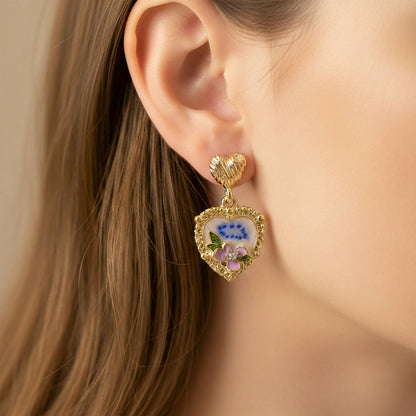 Premium Korean Style Heart Floral Drop Earrings for Women | Gold Plated Pearl & Crystal Fashion Earrings