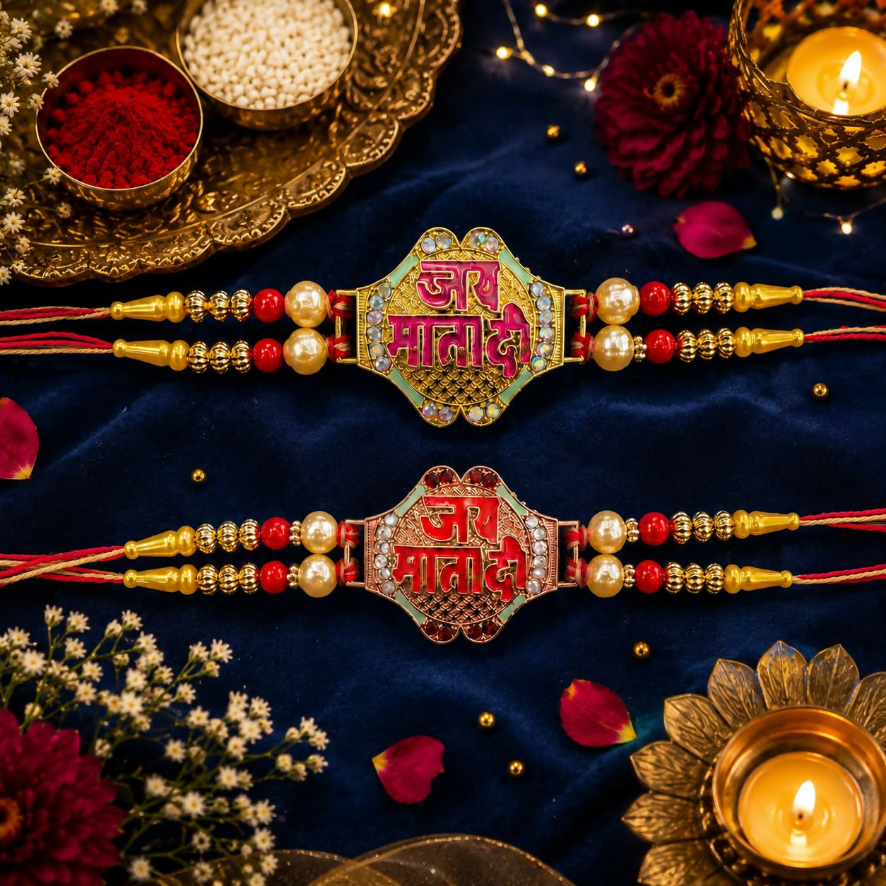 Two festive bracelets, one green and one red, featuring "Jai Mata Di" in Hindi, pearls, and beads, on a deep blue cloth.