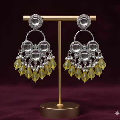 Kundan Yellow Pearl Silver Plated Chandbali Earrings Agate Alloy Chandbali Earring