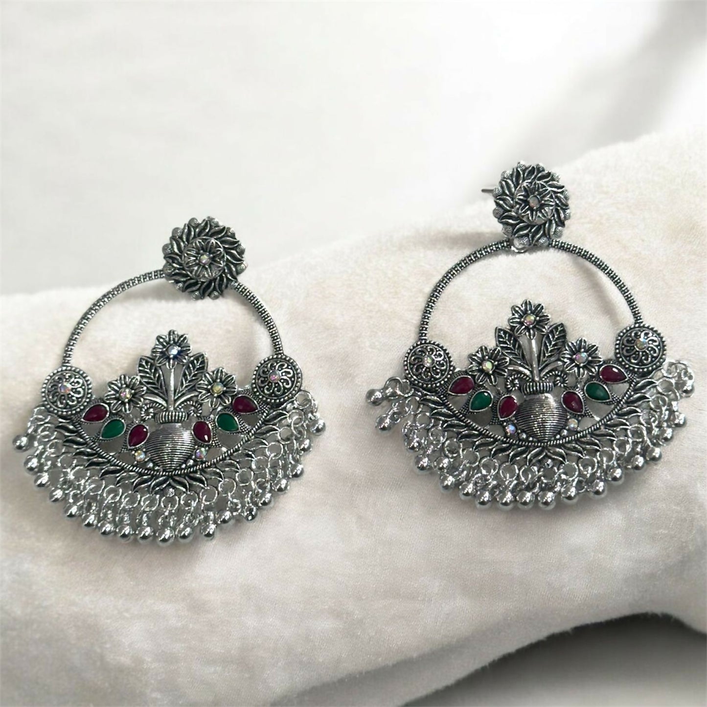 Oxidised Silver Floral Chandbali Earrings with Color Stone Detailing & Ghungroo Drops