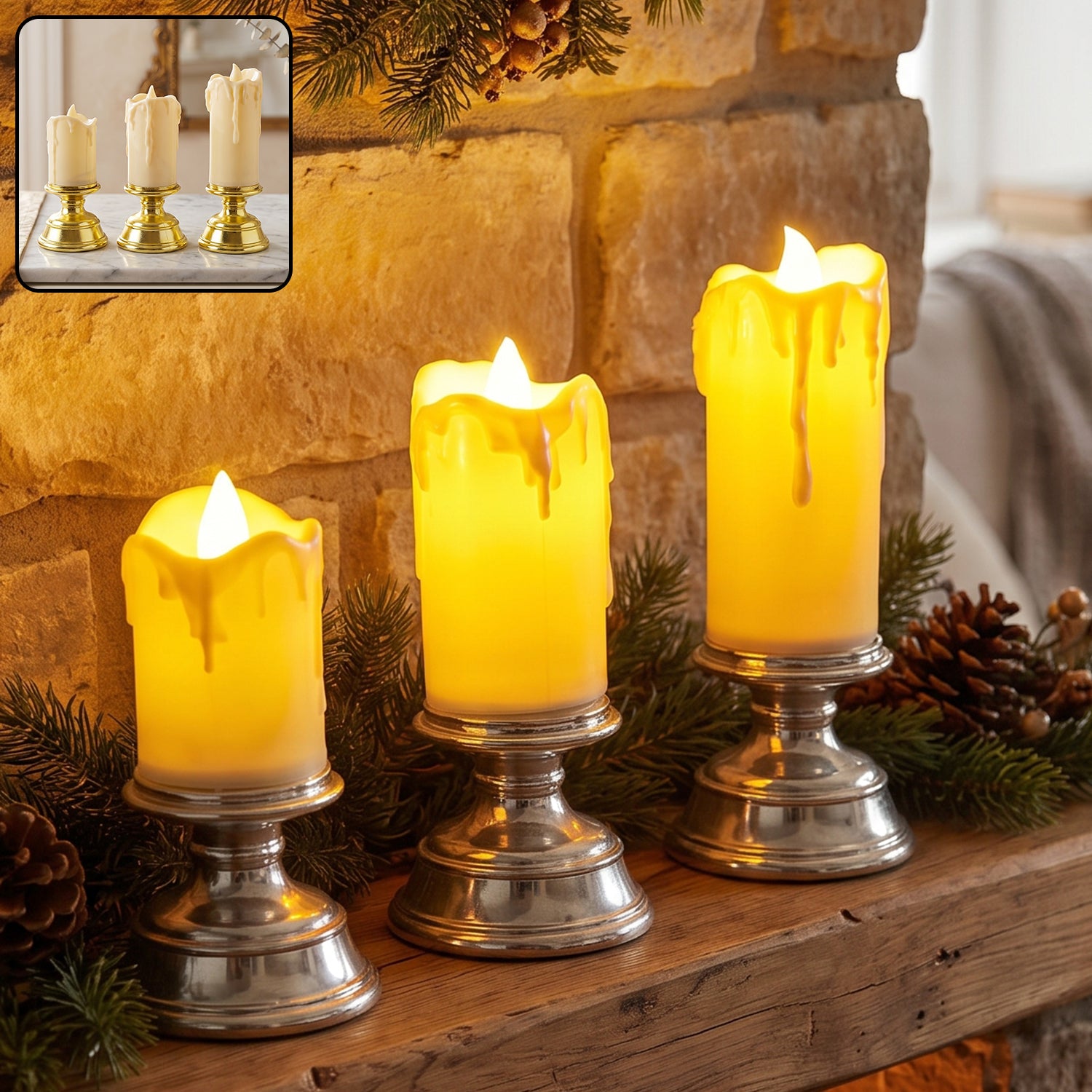Plastic Flameless LED Candle Set with Pedestal Stand for Decoration (3 Pc)