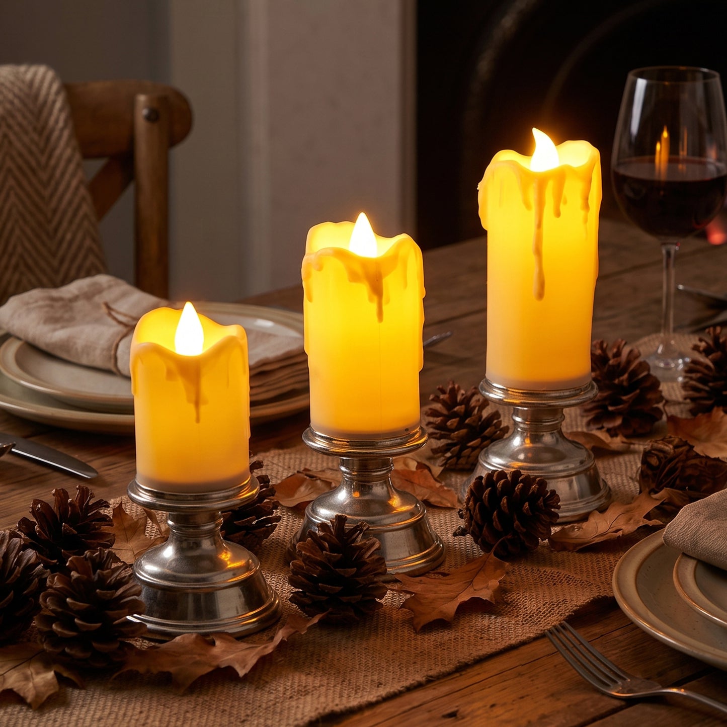 Plastic Flameless LED Candle Set with Pedestal Stand for Decoration (3 Pc)