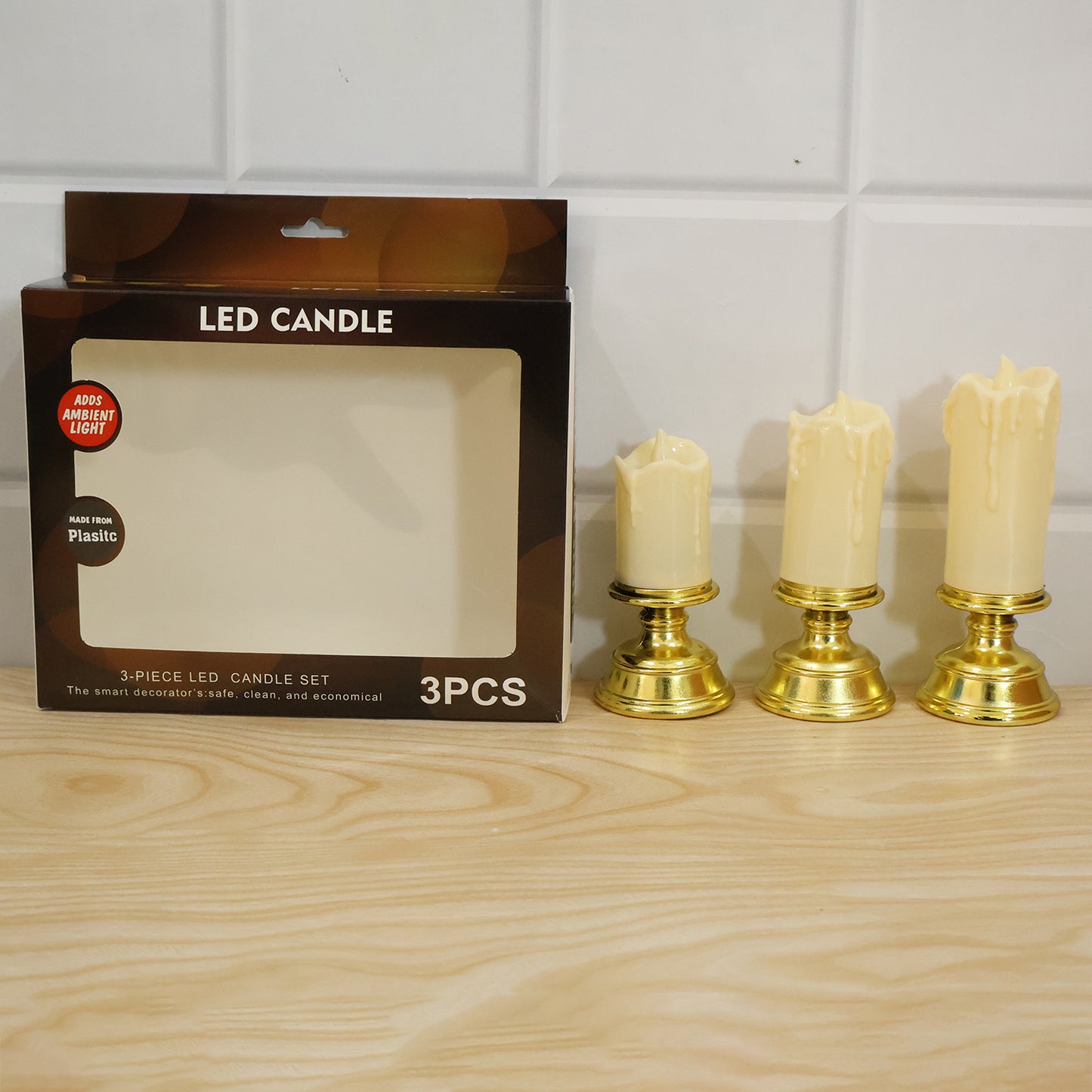 Plastic Flameless LED Candle Set with Pedestal Stand for Decoration (3 Pc)