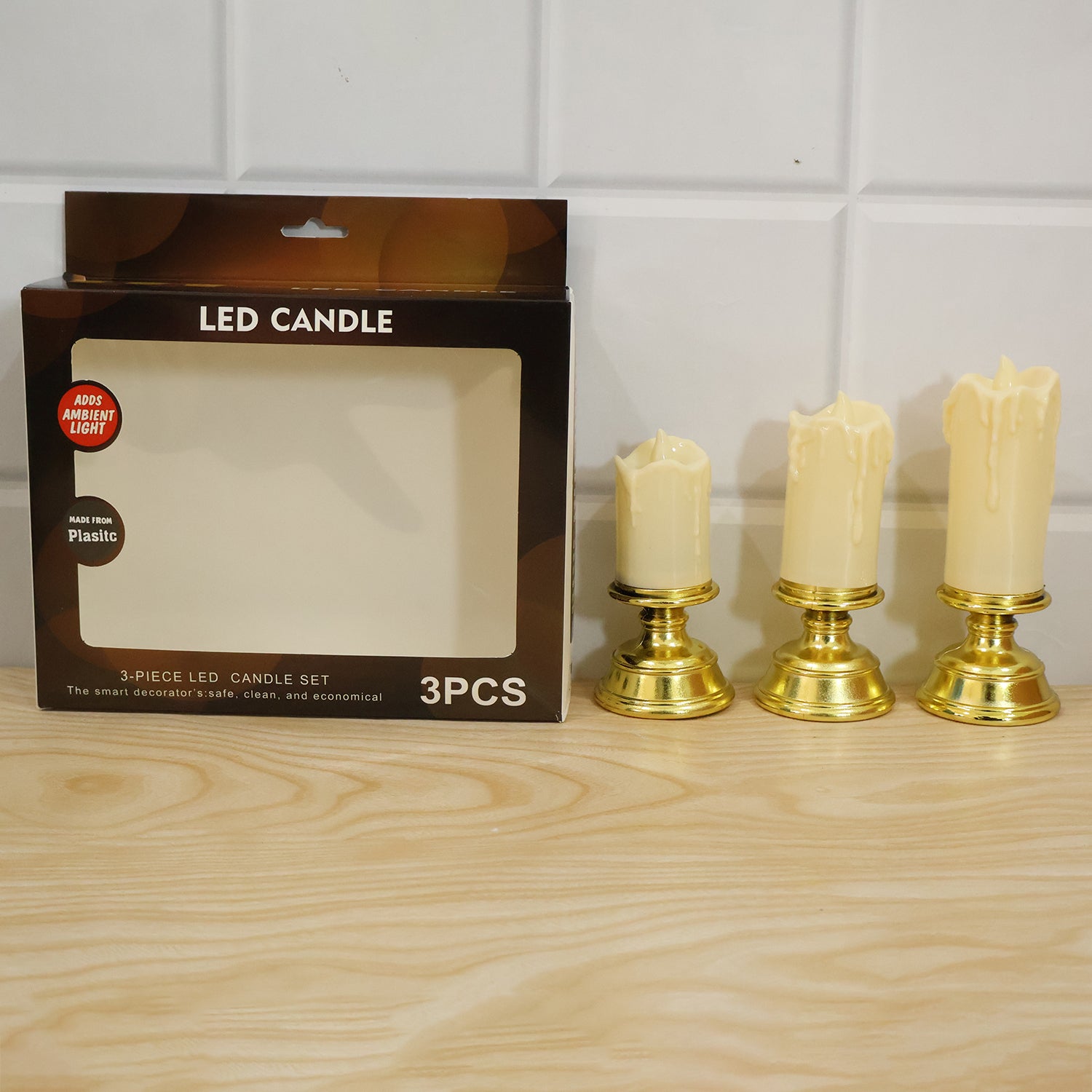 Plastic Flameless LED Candle Set with Pedestal Stand for Decoration (3 Pc)