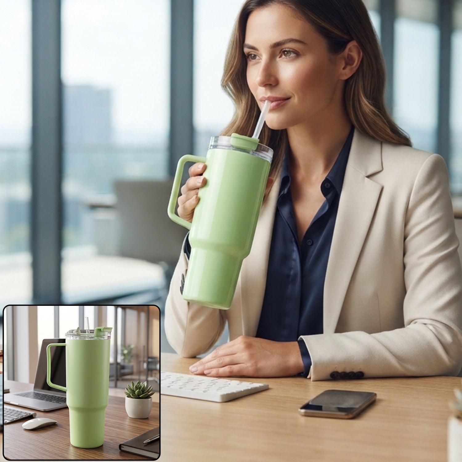 Travel Tumbler 1800 ML with Handle and Straw Lid for Gym and Office (1 Pc)
