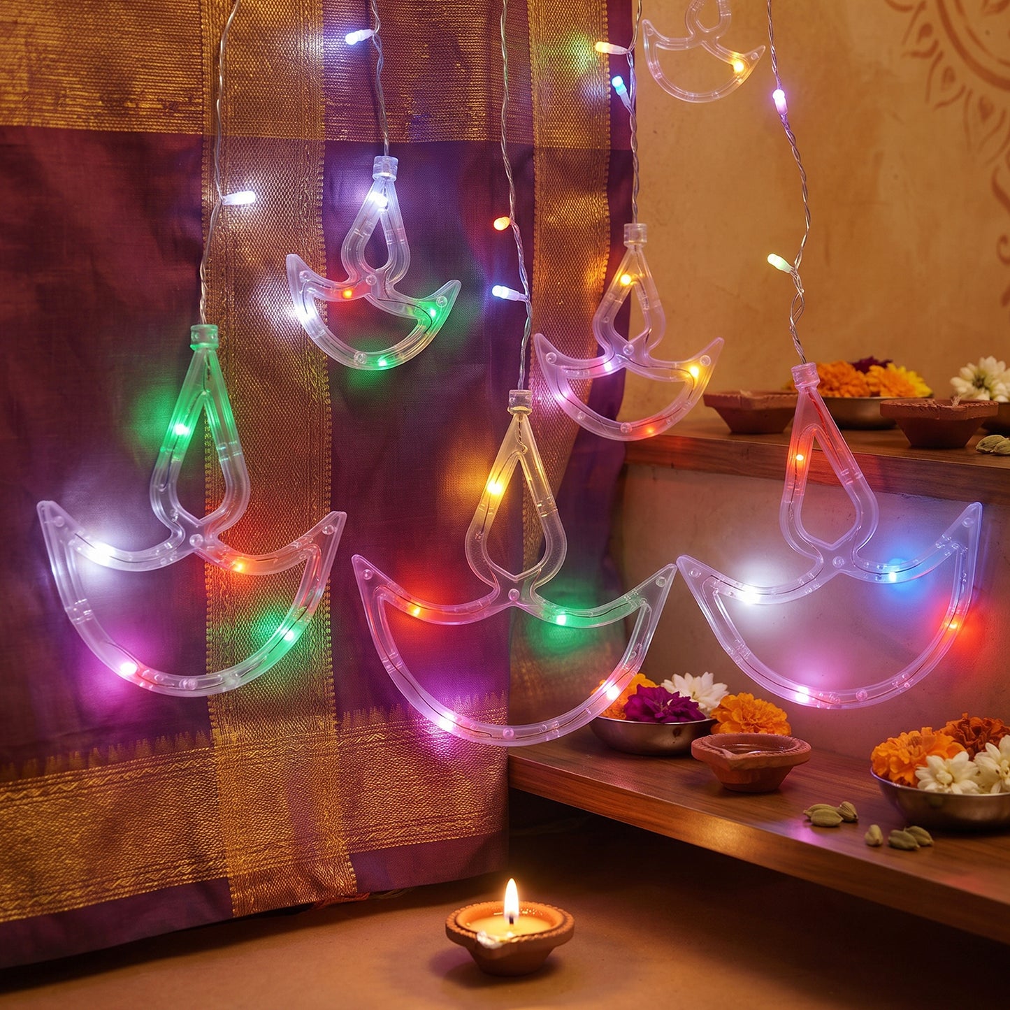 12 Diya Multicolour LED Curtain String Light for Diwali Decoration (1 Set)