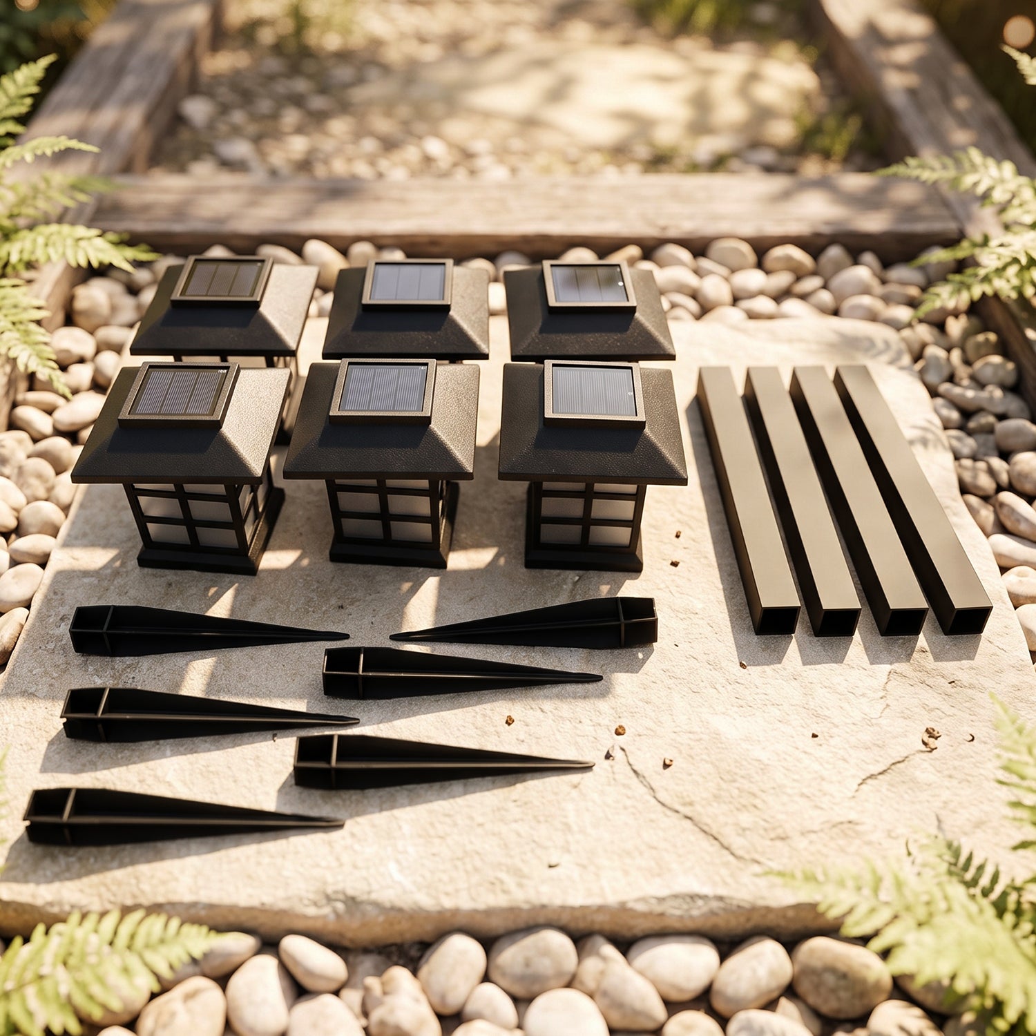 Six black solar lantern tops, six stakes, and six poles are laid out on a stone surface surrounded by pebbles.