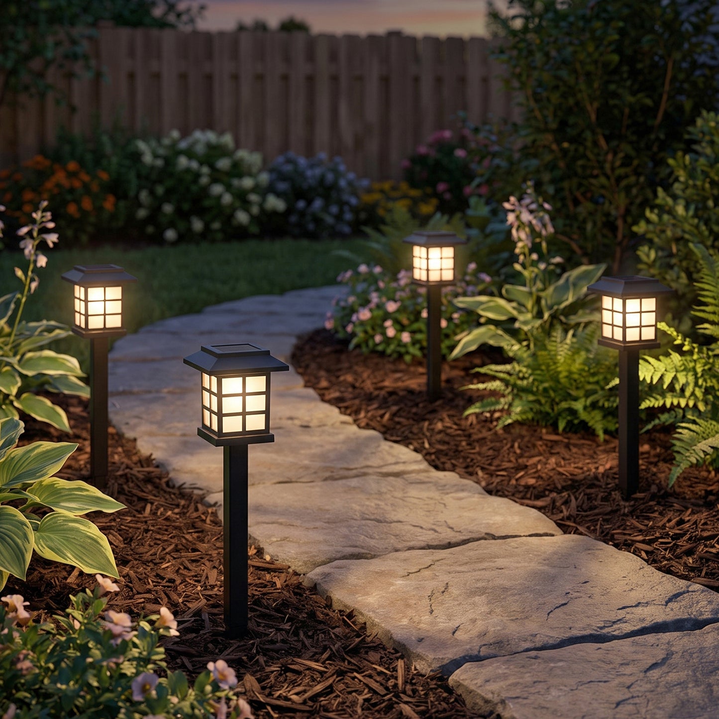 Three black solar pathway lights illuminate a garden path, with a wooden fence in the background.