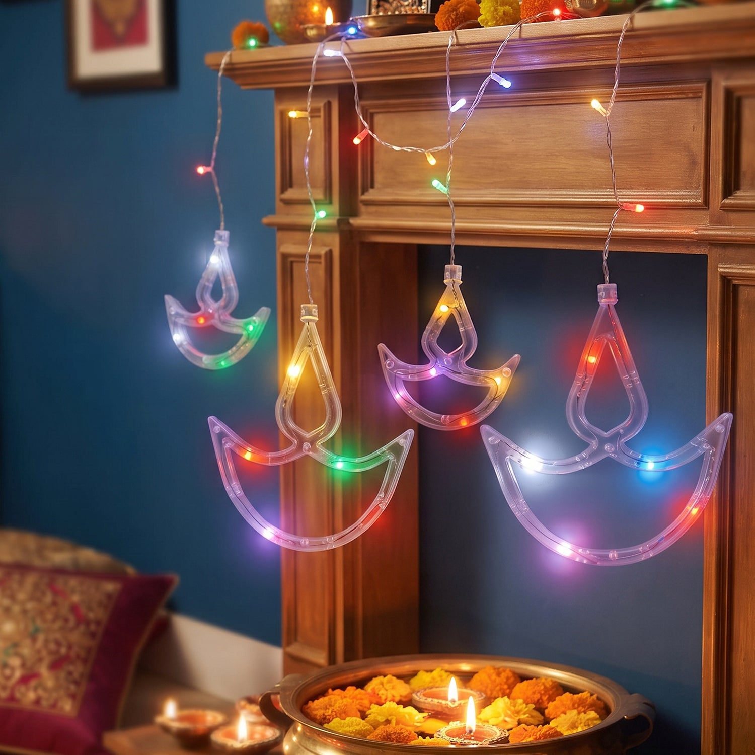 12 Diya Multicolour LED Curtain String Light for Diwali Decoration (1 Set)