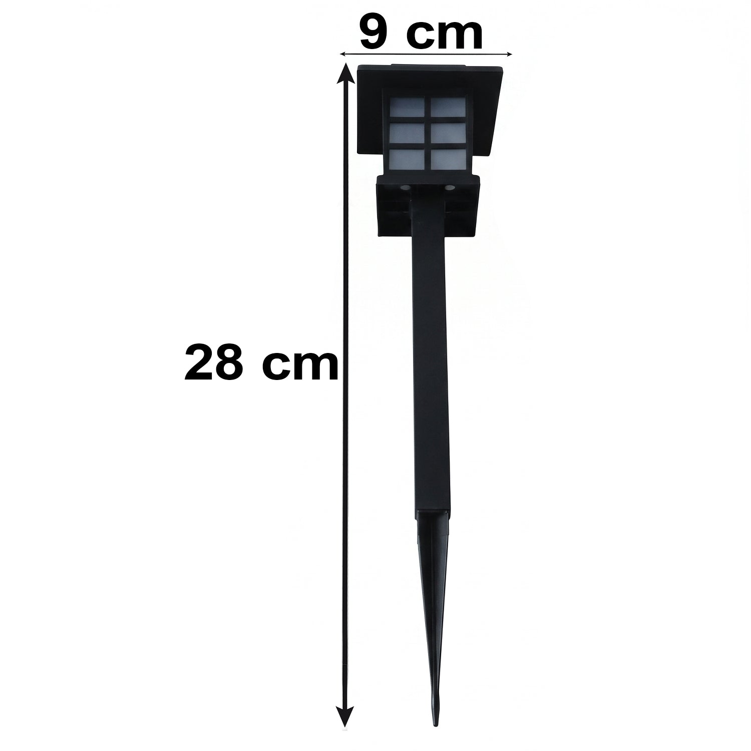 A single black solar garden light with a square top and stake is shown with dimensions of 9 cm and 28 cm.