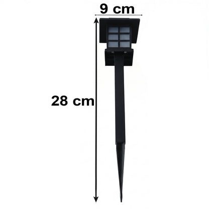 A single black solar garden light with a square top and stake is shown with dimensions of 9 cm and 28 cm.
