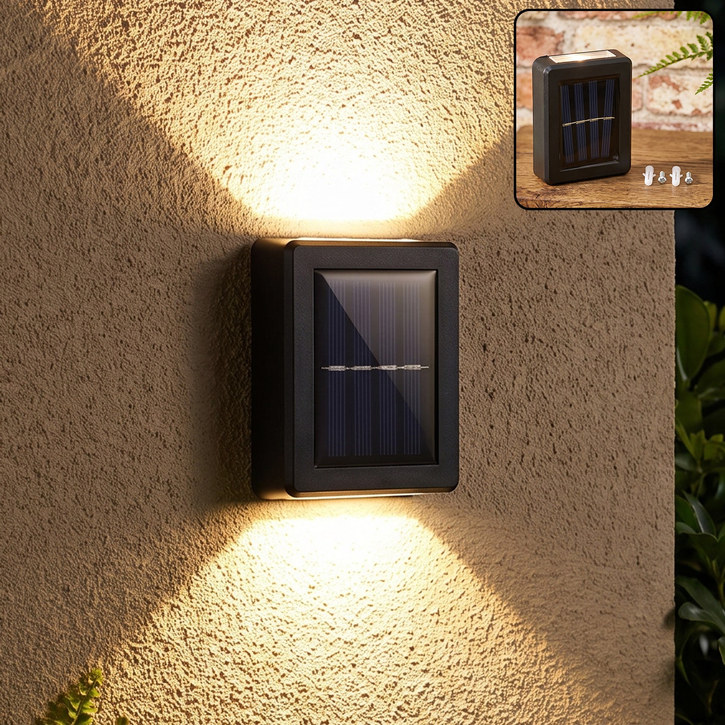 A black solar LED wall light illuminates a textured beige wall with warm light beams pointing up and down, with a smaller