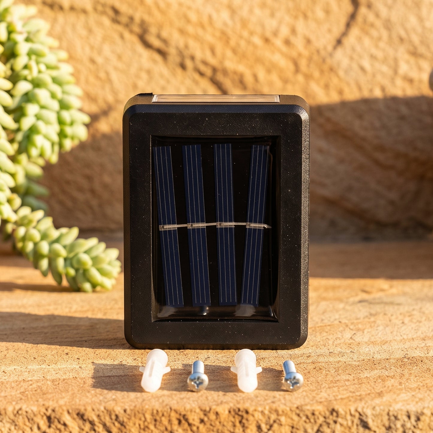 A black solar LED wall light with a blue solar panel sits on a stone surface with two white wall plugs and two silver