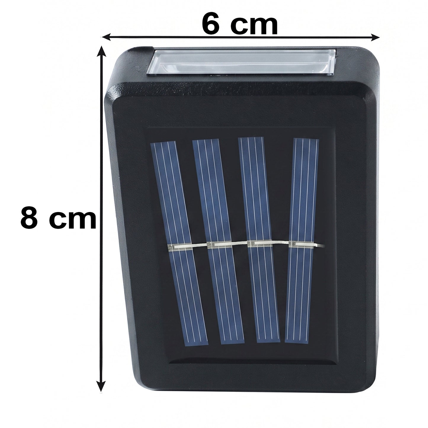 A black solar LED wall light with a blue solar panel shows dimensions of 8 cm in height and 6 cm in width.