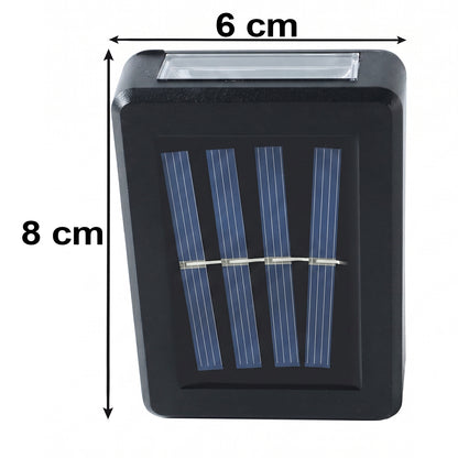 A black solar LED wall light with a blue solar panel shows dimensions of 8 cm in height and 6 cm in width.