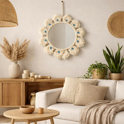 Handcrafted boho macrame round wall mirror with woven cotton rope frame