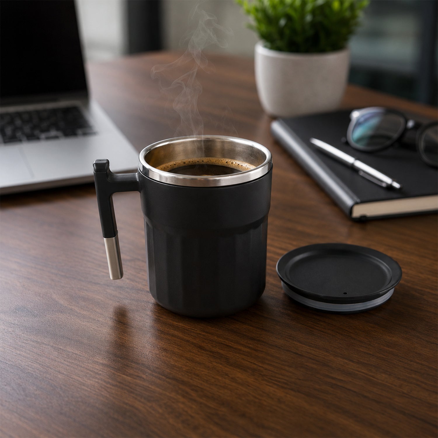 Apex Compact Coffee Mug 300 ML with Handle and Lid Matte Black (1 Pc)